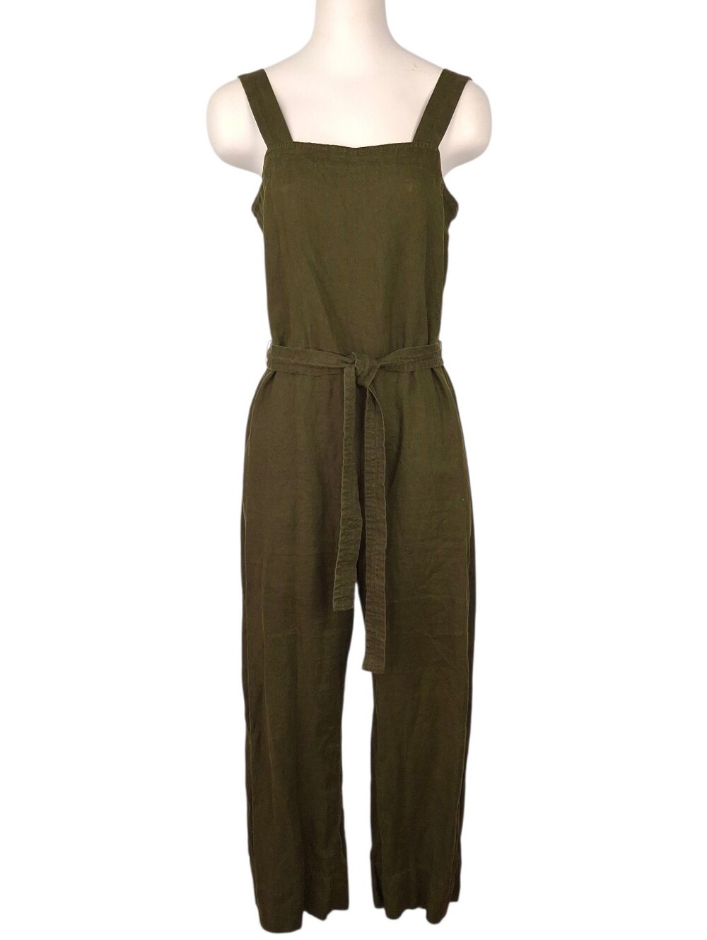 Quince European Linen Square Neck Jumpsuit Martini Olive green utility coastal